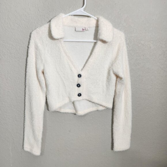 SO Sweater Womens Cropped Button-Up Cardigan Faux Fuzzy Knit Small White - Picture 1 of 12